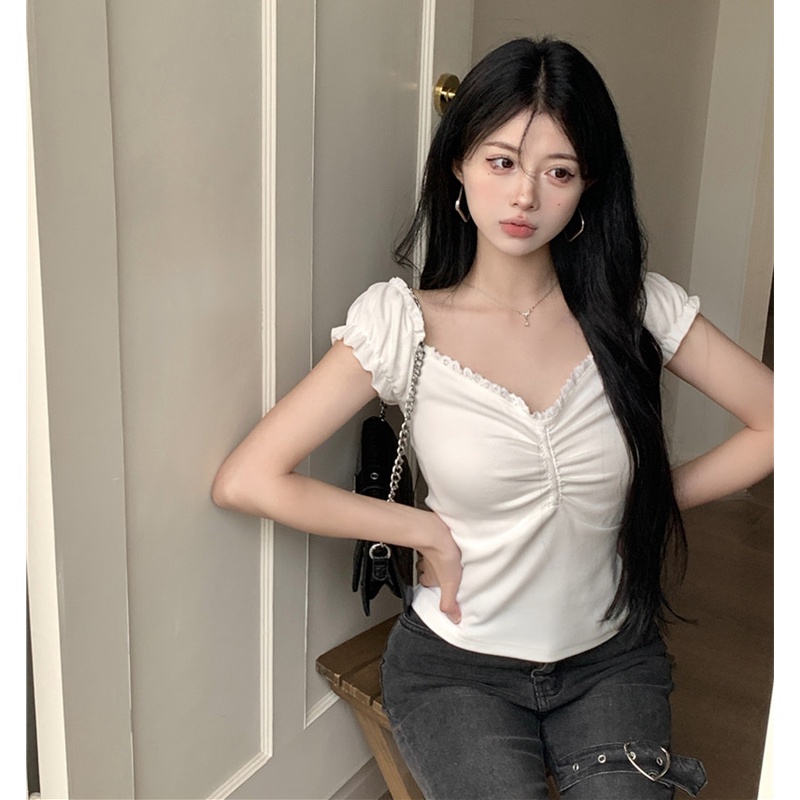 Áo Thun Tay Ngắn Cổ Chữ V Phối Ren Thời Trang Cho Nữ