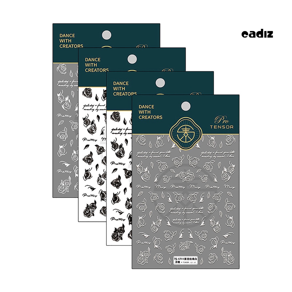 Miếng Dán Trang Trí Móng Tay Tự Dính Họa Tiết Hoa Hồng Trắng Đen Dùng Một Lần