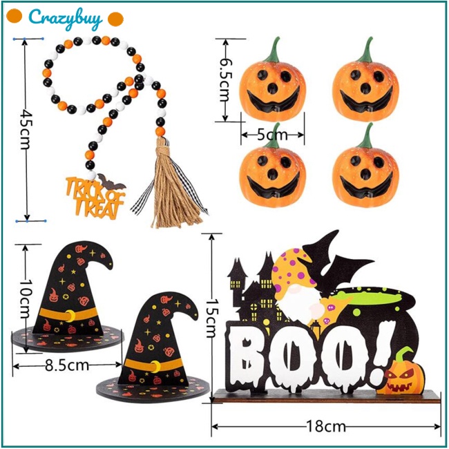 Cr Bộ Khay Gỗ Xỏ Hạt Gỗ Hình Bí Ngô Phù Thủy Trang Trí Lễ Halloween