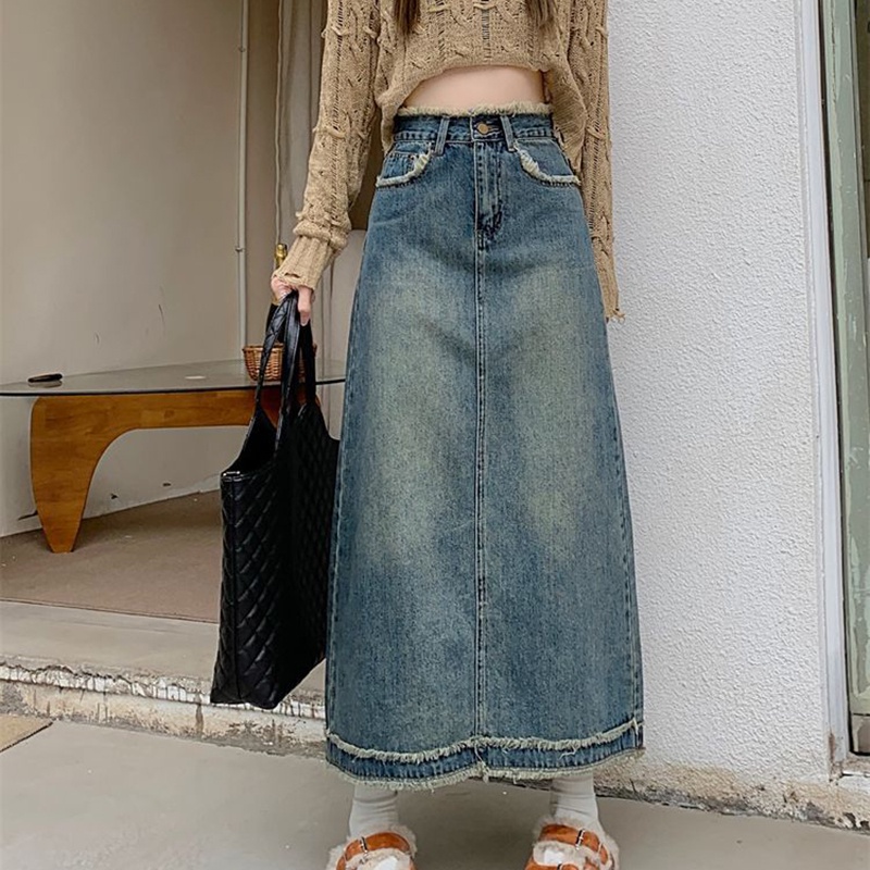IELGY   Chân váy jean Chữ a Lưng Cao Dáng Rộng Thời Trang Cho Nữ