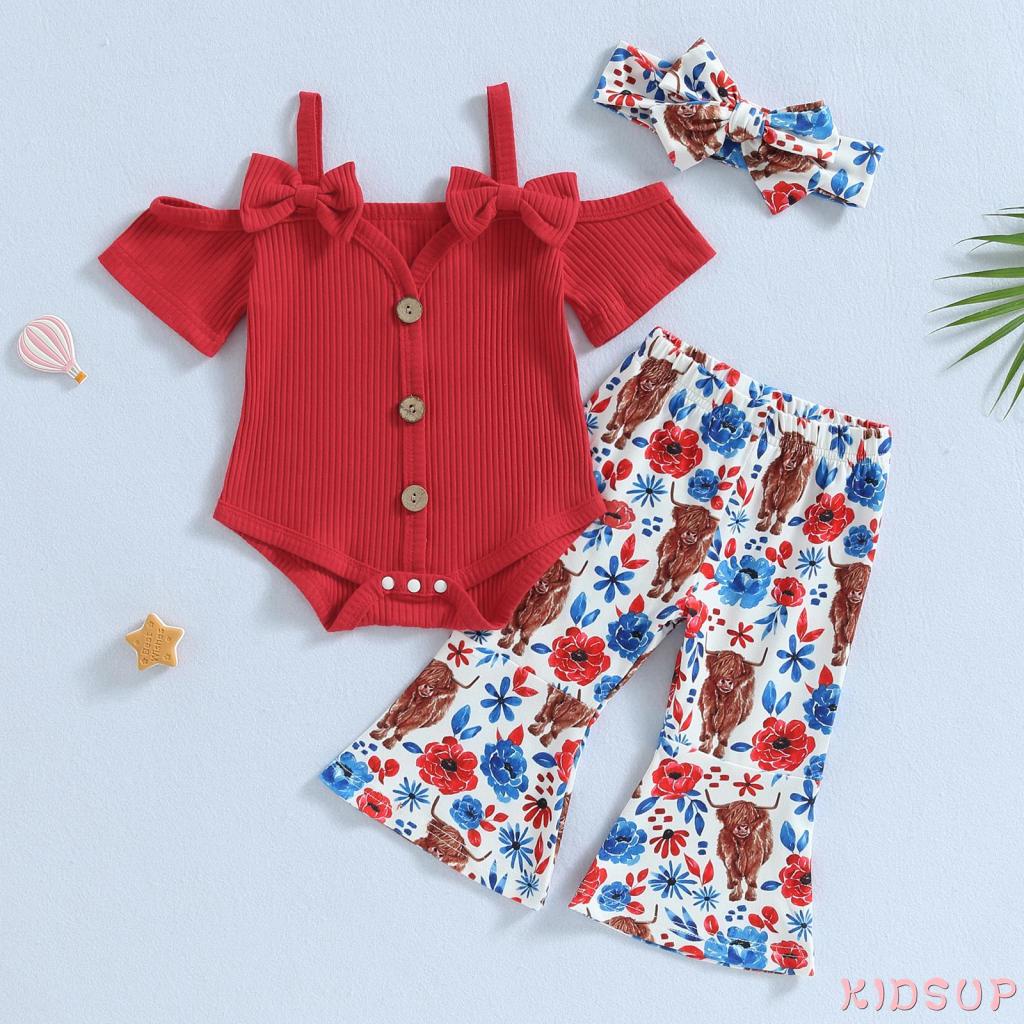 Bộ Áo Liền Quần Tay Ngắn Hở Vai Kèm Quần Ống Loe Co Giãn Thời Trang Mùa Hè Cho Bé Gái 1 Tuổi