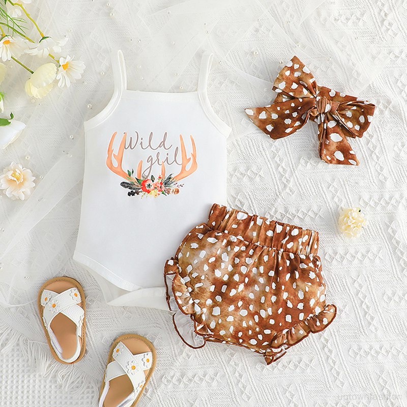 Bộ Áo Liền Quần Tam Giác Không Tay Kèm Băng Đô In Họa Tiết Động Vật Dễ Thương Cho Bé Gái
