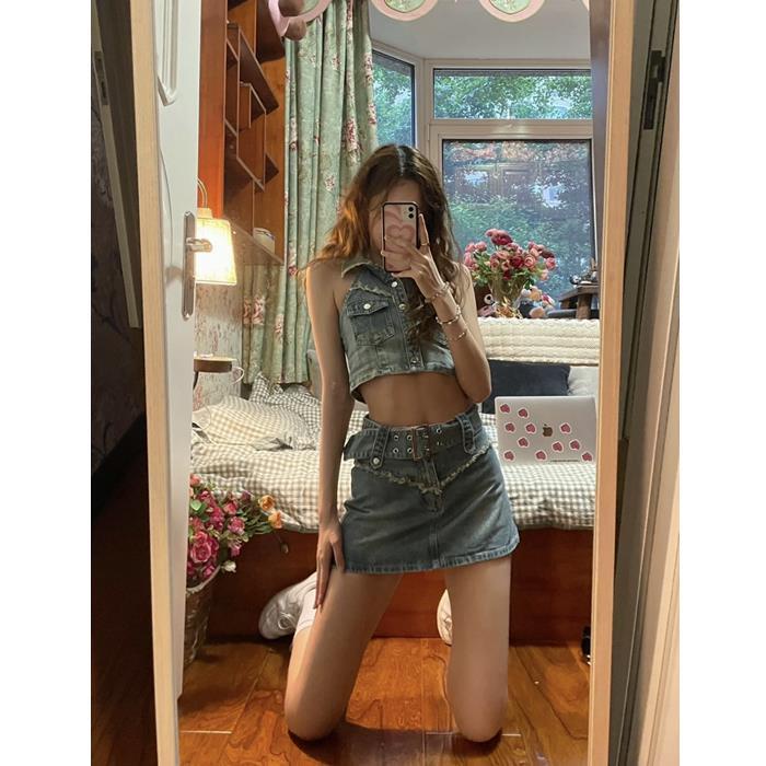 Set Áo denim Sát Nách Và Chân Váy Lưng Cao Phong Cách Retro Dành Cho Nữ