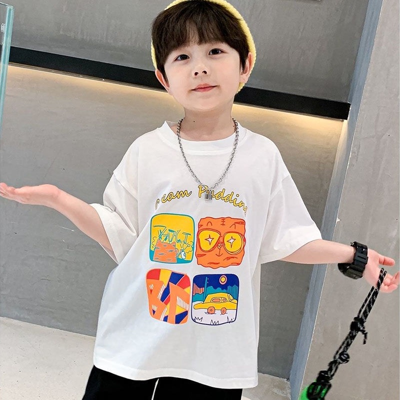 Áo Thun Cotton Ngắn Tay Cổ Tròn In Chữ Hoạt Hình Thời Trang Mùa Hè Hàn Quốc Dành Cho Bé Trai Mua Hai Minus 10