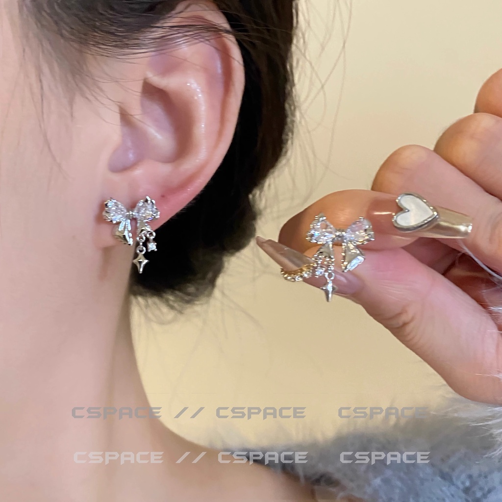 Khuyên tai nơ AHELLOGIRL đính đá zircon phong cách Hàn Quốc thời trang cho nữ