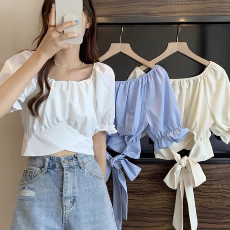 Áo Sơ Mi Ngắn Cổ Vuông Thắt Nơ Lưng Phong Cách Pháp Thời Trang Mùa Hè Cho Nữ