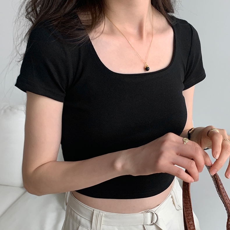 Áo croptop SUXI tay ngắn cổ vuông đơn giản cho nữ