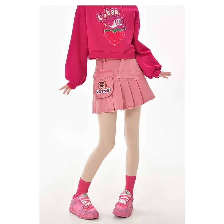 Chân váy jean Chữ A Xếp Ly Lưng Cao In Hình Gấu Dâu Tây Ngọt Ngào Thời Trang Mùa Hè Cho Nữ