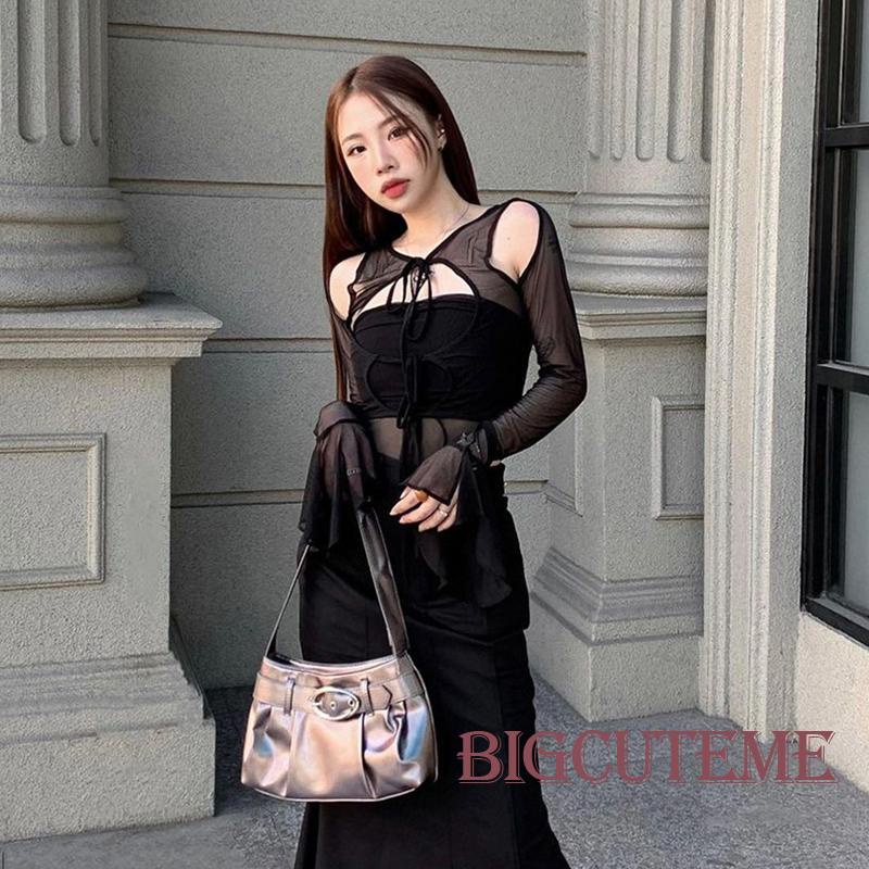 [] Bộ Áo Liền Quần Ống Loe Dài Tay Giả Hai Mảnh Màu Đen Thời Trang Xuân Thu Cho Nữ