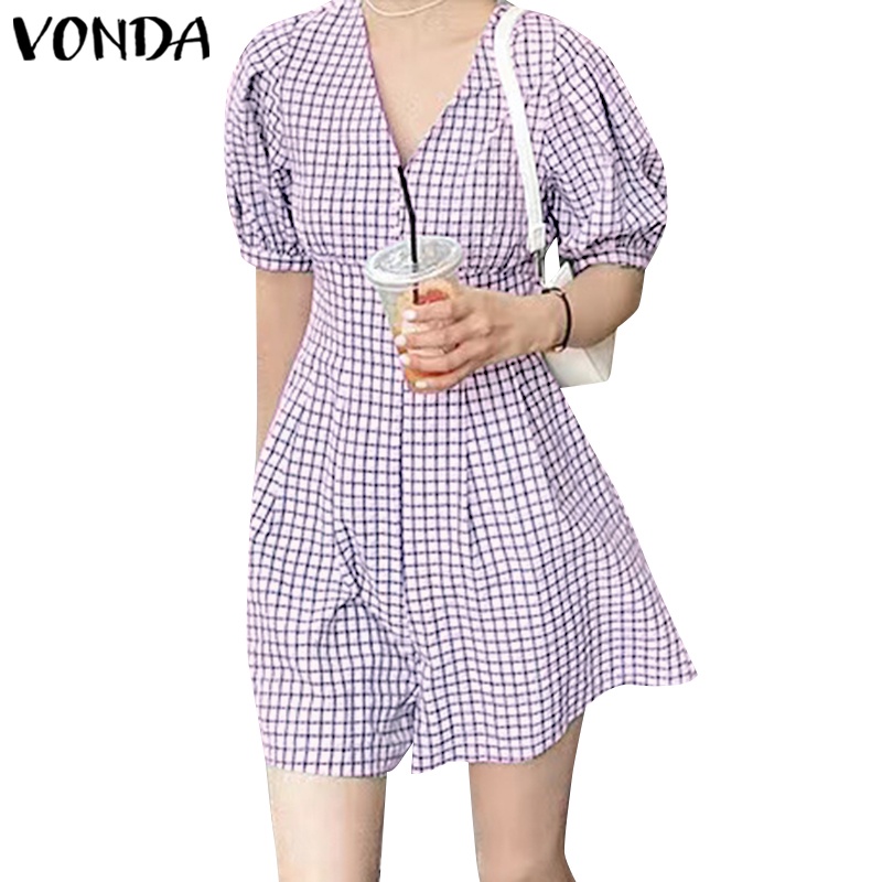 Áo liền quần VONDA tay ngắn phồng cổ chữ V họa tiết caro thời trang Hàn Quốc cho nữ