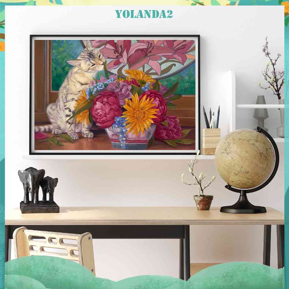 Tranh Đính Đá Kim Cương Toàn Bộ 5D DIY Hình Vẽ Mèo Hoa