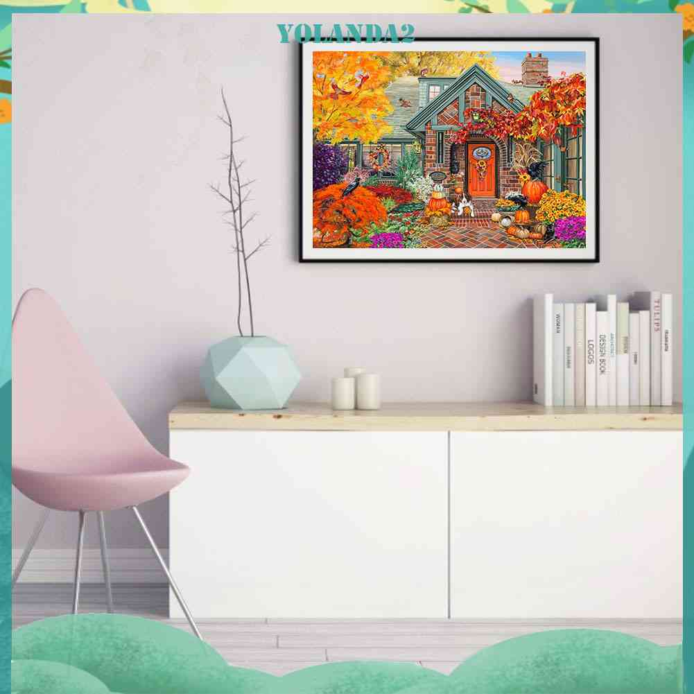 Tranh Đính Đá Kim Cương Toàn Bộ 5D DIY Hình Chú Chó Ngoài Sân Vườn Mùa Thu