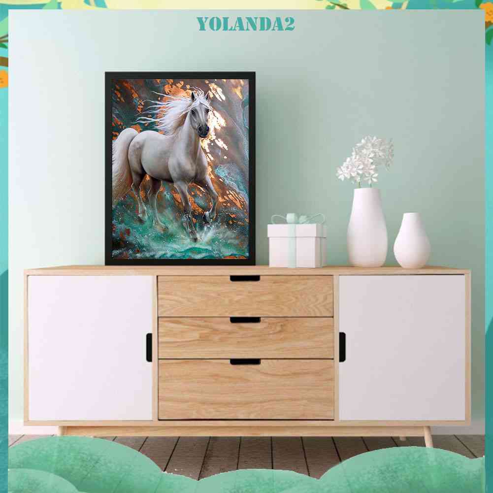 Tranh Đính Đá Kim Cương Toàn Bộ Hình Vẽ Ngựa Trắng Chạy Trên Tường Trang Trí Nội Thất