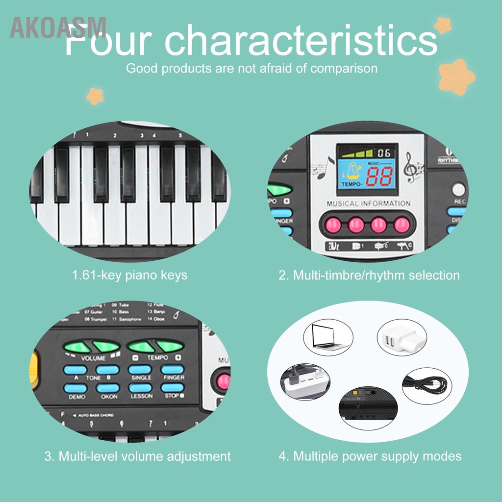 61Key Mini Electric Piano Đồ chơi phòng thu đa chức năng màu đen có micrô cho người mới bắt đầu AKOASM