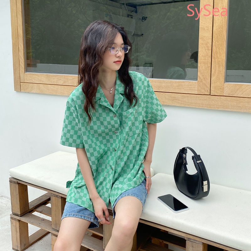 Áo Sơ Mi Tay Ngắn Dáng Rộng Họa Tiết Sọc Caro Thời Trang Mùa Hè Cho Nữ