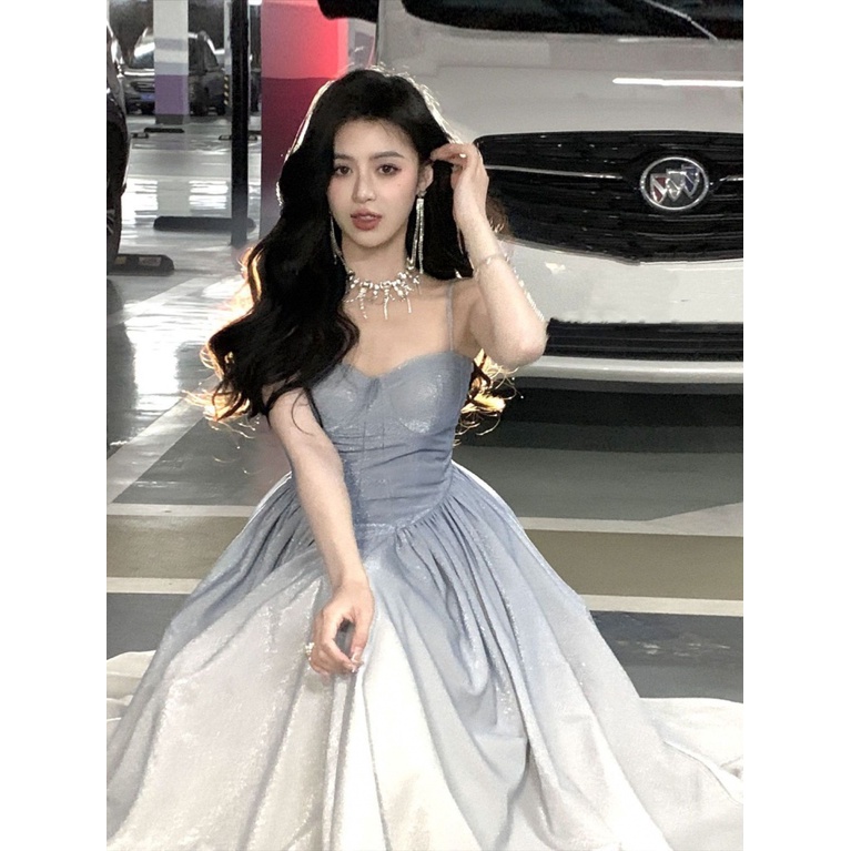 Đầm Hai Dây Dáng Dài Màu Xanh Dương Gradient Thời Trang Cao Cấp Cho Nữ