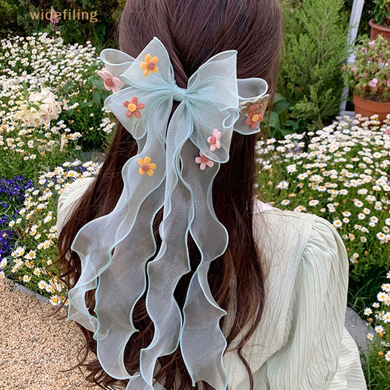 Kẹp Tóc Ruy Băng Dài Bản Rộng Họa Tiết Hoa Màu Sắc Thời Trang Xuân Hè Cho Bé Gái