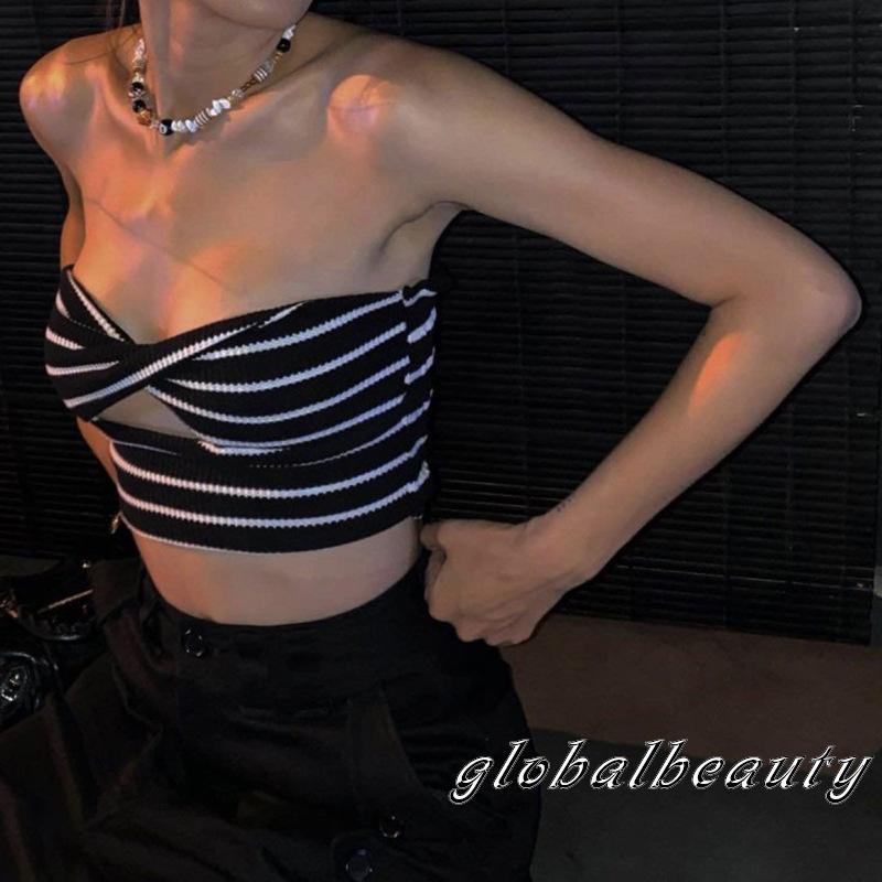 Áo Croptop Trễ Vai Không Tay Họa Tiết Sọc Ngang Quyến Rũ Dành Cho Nữ