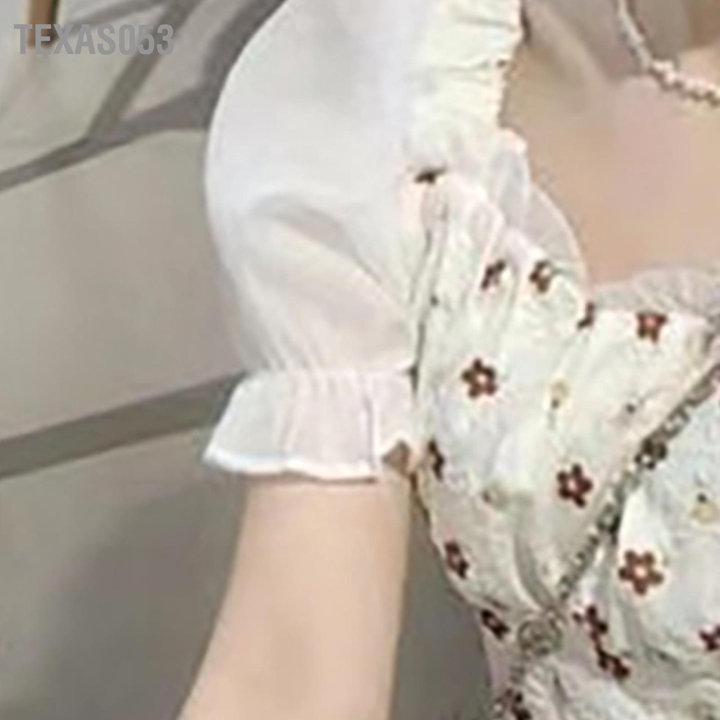 Texas053 Đầm Nữ Tay Phồng Họa Tiết Hoa Mùa Hè Thanh Lịch Ngắn Eo Thu Thắt Lưng