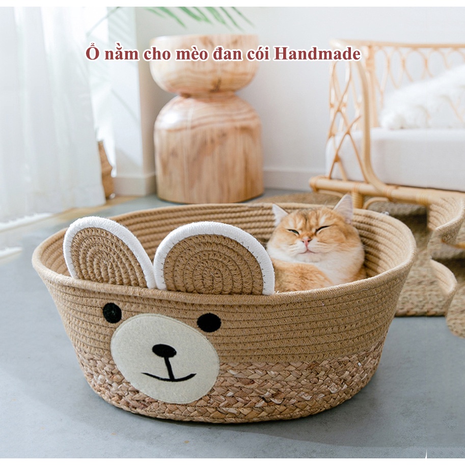 Ổ nằm cho mèo cói mây đan tay Handmade kèm thảm màu gấu nâu cực sịn tích hợp cào móng