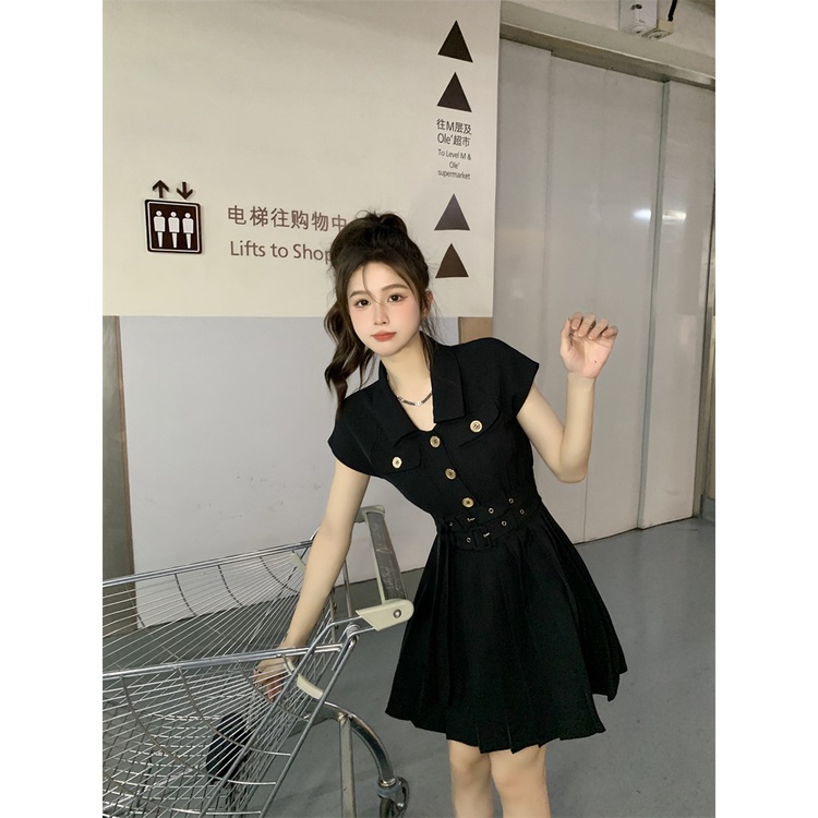 Đầm Ngắn Tay Xếp Ly Phối Thắt Lưng Thời Trang Dành Cho Nữ