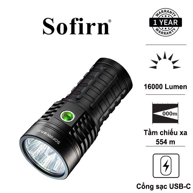 Đèn pin SOFIRN Q8 Plus độ sáng 16000 lumen chiếu xa 554m kèm 3 pin 21700 dung lượng 5000mAh USB-C Powerbank HOT