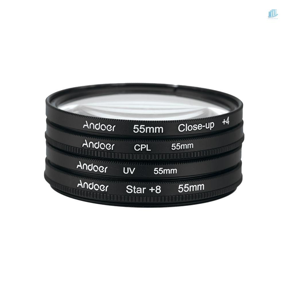 Bộ Kính Lọc Phân Cực Andoer 55mm UV + CPL + 4 + Star 8 Điểm Cho Máy Ảnh Pentax DSLR