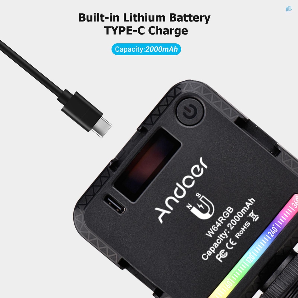 Đèn LED Mini Andoer W64RGB RGB CRI95 + 2500K-9000K 200K Có Thể Sạc Lại Với Màn Hình LCD Hiển Thị 3 Đế Giày Magne