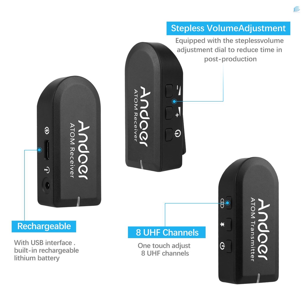 Hệ Thống Micro Không Dây Andoer 2.4G Kèm Bộ Thu Phát + Micro Lavalier Kẹp Để Bàn + Giá Đỡ Điện Thoại 8 Kênh Max.197ft