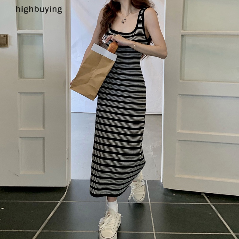 Đầm Dệt Kim Ôm Dáng Không Tay Họa Tiết Kẻ Sọc Phong Cách Retro Hàn Quốc Cho Nữ