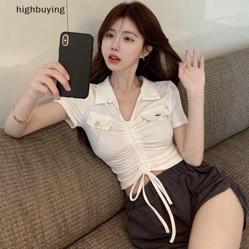 Áo Thun Lửng Tay Ngắn Cổ Chữ V Màu Sắc Đơn Giản Cho Nữ