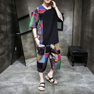 Bộ áo thun + quần cotton lanh thoáng khí phong cách mới 2023 cho nam