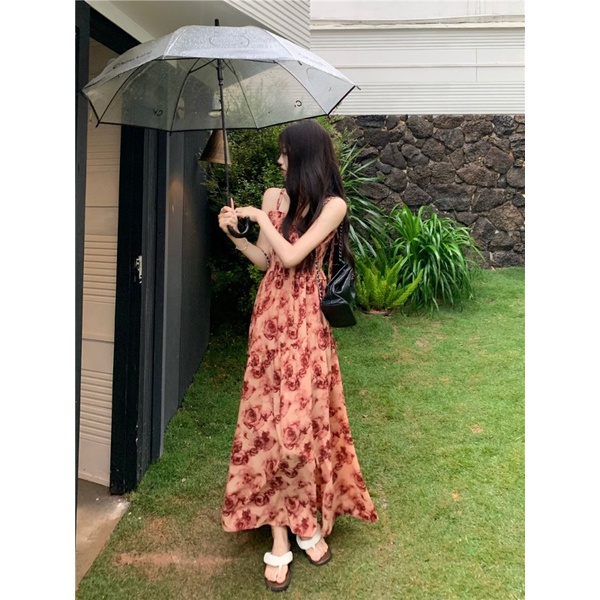 Đầm Hoa Hồng Cổ Vuông Dáng Chữ A Thời Trang Mùa Hè Vintage Dành Cho Nữ