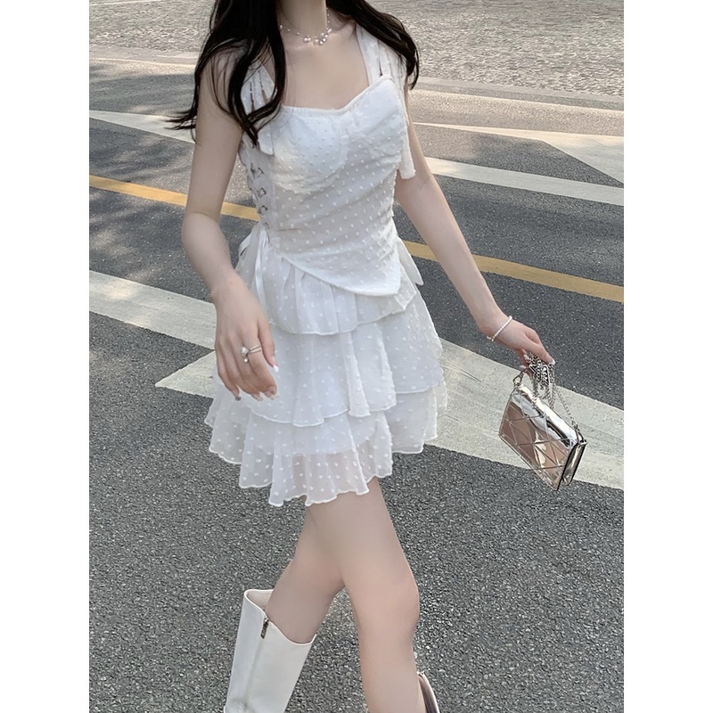 Đầm Hai Dây Xếp Tầng Màu Trắng Thời Trang Cho Nữ