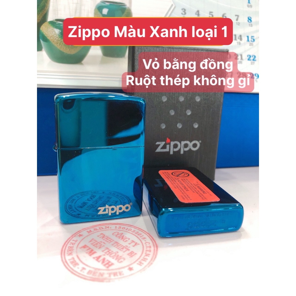 HỘP QUẸT ZỊPPO MÀU XANH SAPHIRE LOẠI TRƠN BÓNG có tem đỏ