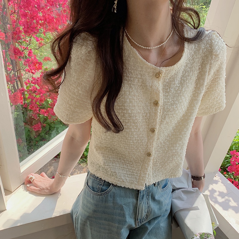 SUXI Áo Kiểu Tay Phồng Ngắn Màu Sắc Đơn Giản Phong Cách Vintage Hàn Quốc