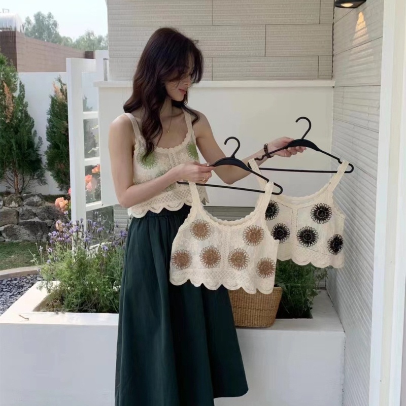 R Áo Dệt Kim Không Tay Dáng Rộng Khoét Lỗ Họa Tiết Viền Lacy Edge Ngọt Ngào Vừa Vặn Cho Trường Học Hàng Ngày