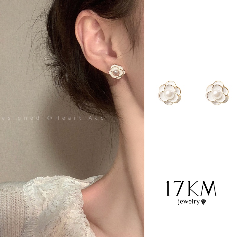 Bông Tai Hoa Trà Trắng 17KM Đính Ngọc Trai Cho Nữ