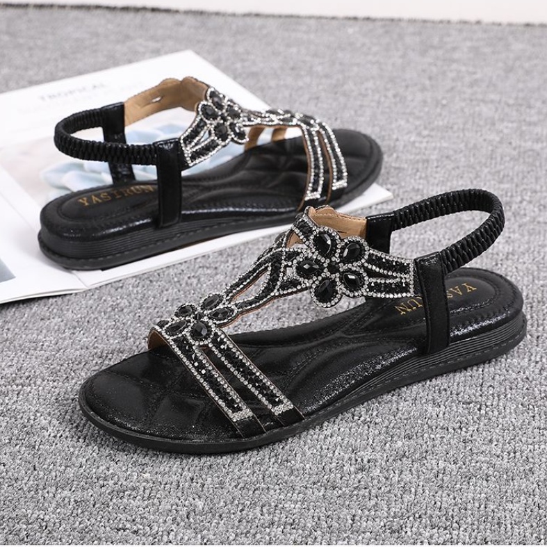 Giày Sandal Đế Bằng Đính Đá Phong Cách Bohemian Thời Trang Cho Nữ Có Size Lớn
