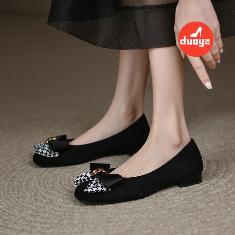 Duoya Giày Búp Bê Mũi Vuông Đế Bằng Mềm Mại Thoải Mái Thời Trang Xuân Thu Cho Nữ Dép Da Mềm Đế Bằng Đính Nơ Xinh Xắn Dễ Phối Đồ
