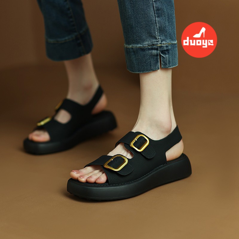 Duoya Tóc Thẳng ~ [Hàng Có Sẵn] Giày Sandal Da Thật Đế Xuồng Mềm Phẳng Có Khóa Cài Phong Cách bao Đơn Giản Đi Biển Miễn Phí Vận Chuyển