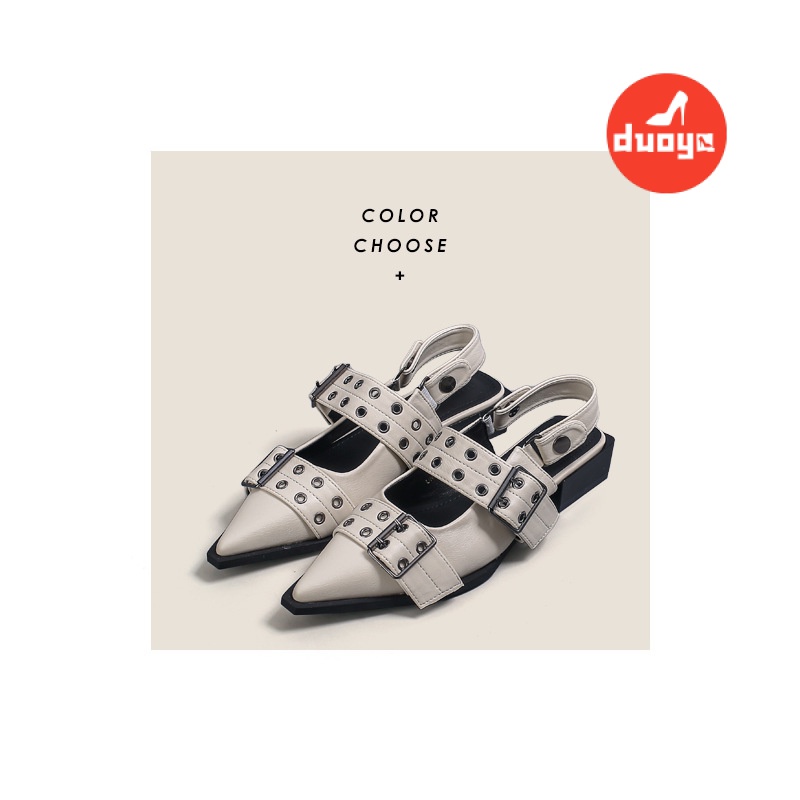 Duoya Tóc Thẳng ~ [Hàng Có Sẵn] Giày Búp Bê Mũi Nhọn Gót Thấp Miệng Nông Cảm Giác Ánh Kim Phong Cách Punk Đường Phố Cho Nữ