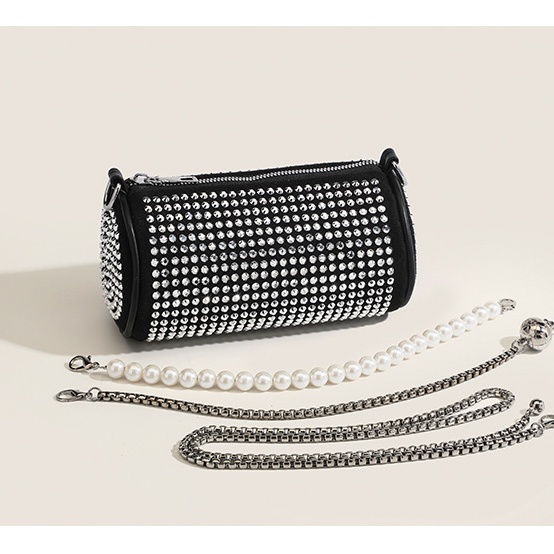 Túi Xách Đeo Vai Hình Trụ Đựng Điện Thoại / Mỹ Phẩm Đính Ngọc Trai Phối Dây Xích Kiểu Dáng Thanh Lịch