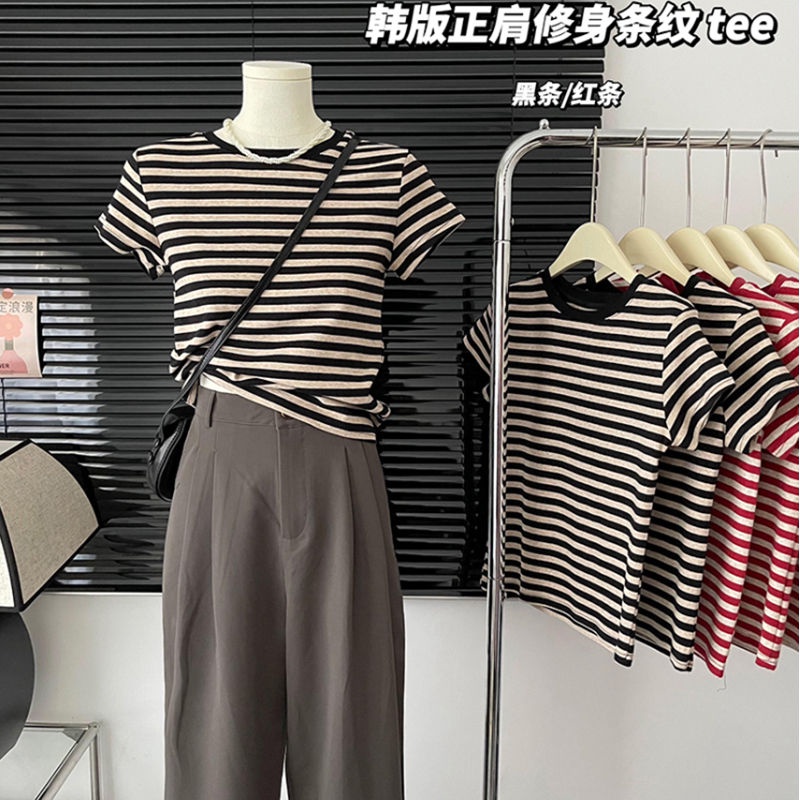 Áo Thun Cotton Ngắn Tay Họa Tiết Kẻ Sọc Màu Trơn Mẫu Mới 2023 Thời Trang Mùa Hè Cho Nữ