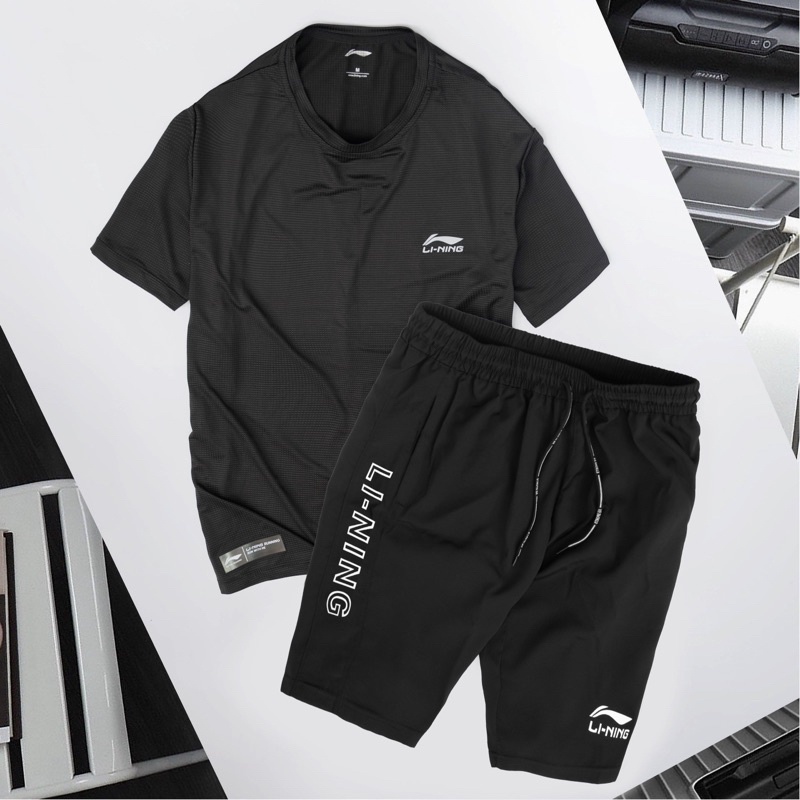 Bộ thể thao nam, bộ Li-Ning cộc tay nam tròn chất liệu vải thun lạnh co dãn thoải mái thấm hút mồ hôi logo ép cao su non