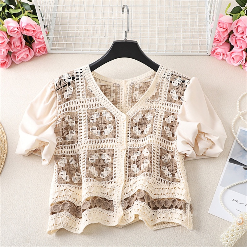 Xiangbao Áo Cardigan Dệt Kim Tay Ngắn Phồng Cài Nút Kiểu Vintage Cho Nữ