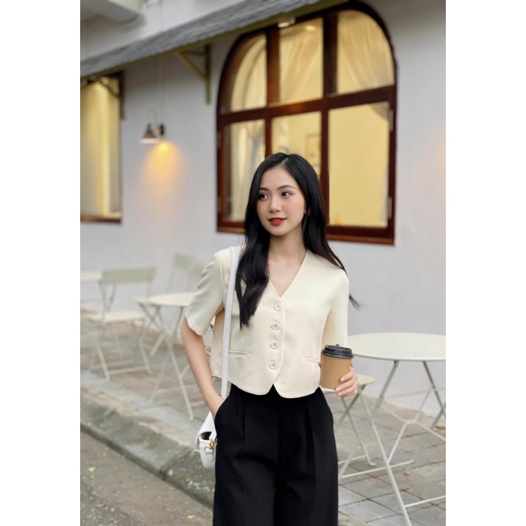 Áo vest công sở dáng lửng cộc tay cúc bọc hàng 1 lớp đứng dáng L199