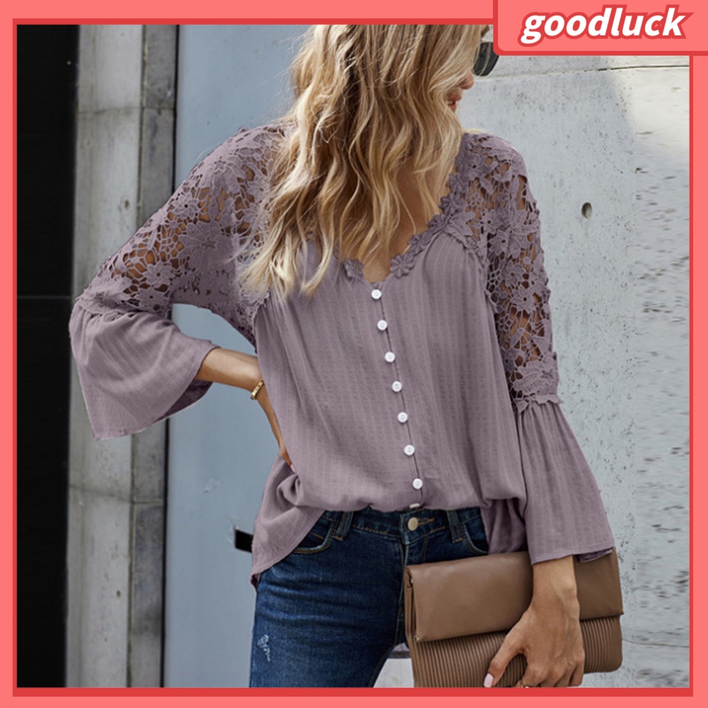Áo Sơ Mi Tay Loe 3 / 4 Cổ Chữ V Màu Sắc Thời Trang Dành Cho Nữ