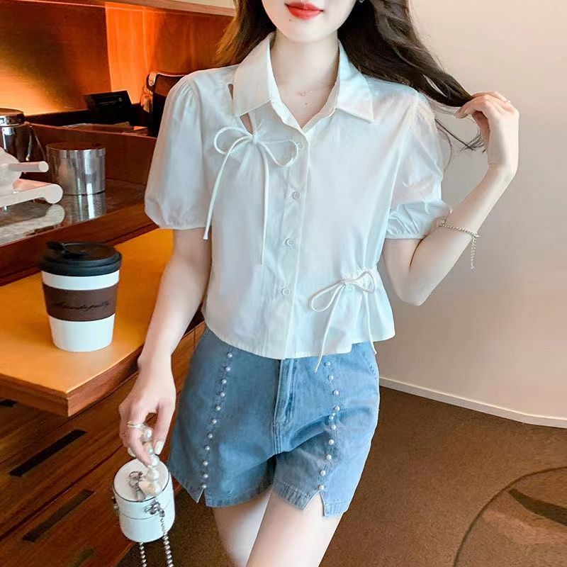 Áo Sơ Mi Tay Ngắn Phồng Ngắn Phối Dây Rút Thời Trang Mùa Hè Hàn Quốc Mới Cho Nữ