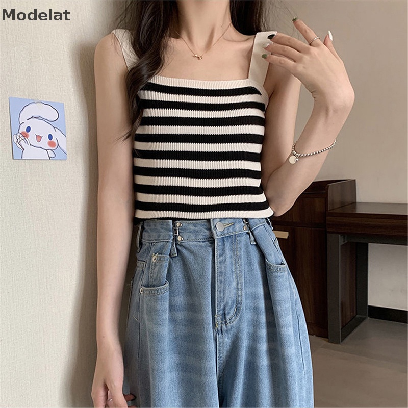 Áo Dệt Kim Hai Dây Dáng Ôm In Họa Tiết Kẻ Sọc Phong Cách Vintage Thời Trang Mùa Hè Cho Nữ